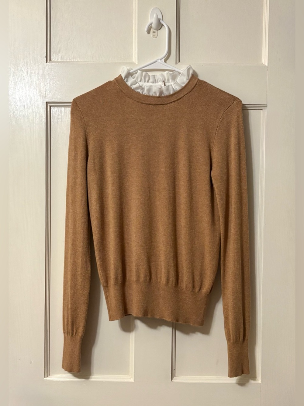 Zara Camel Crewneck Sweater with White Ruffle Collar
